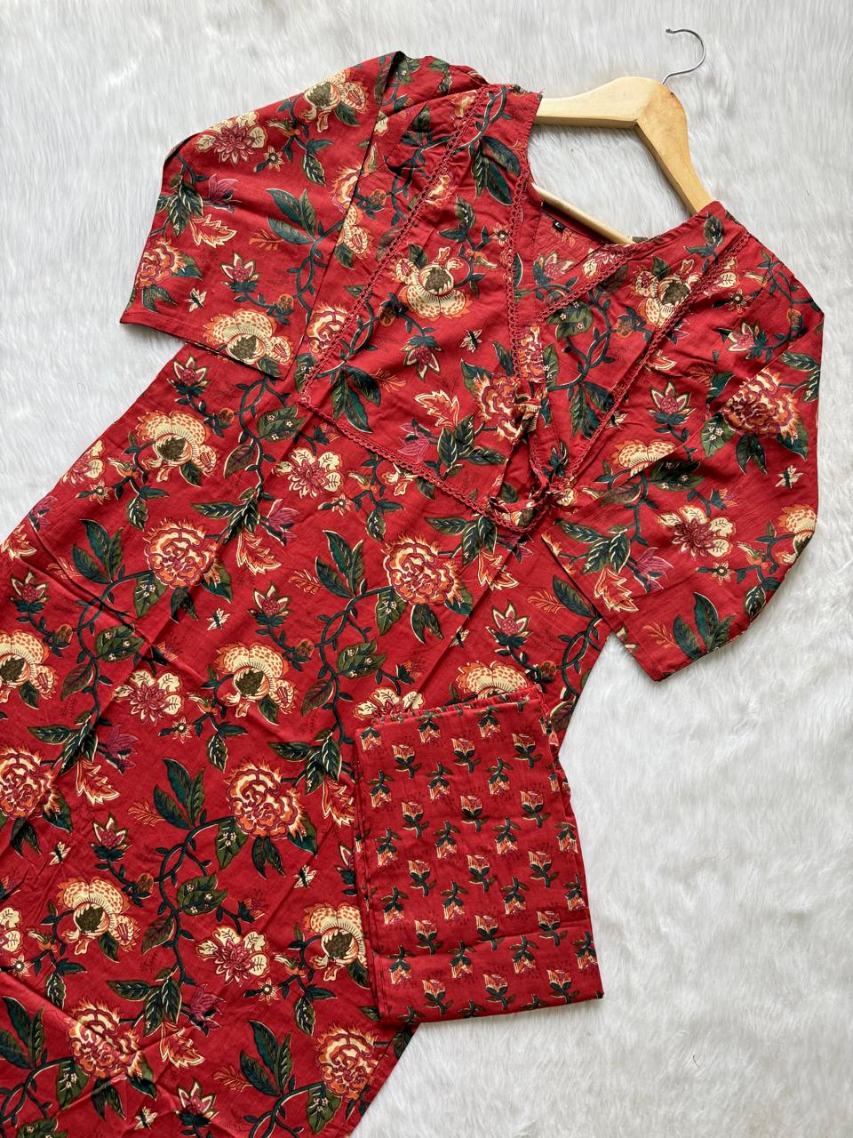 Red Floral Angrakha Kurti Pant Set