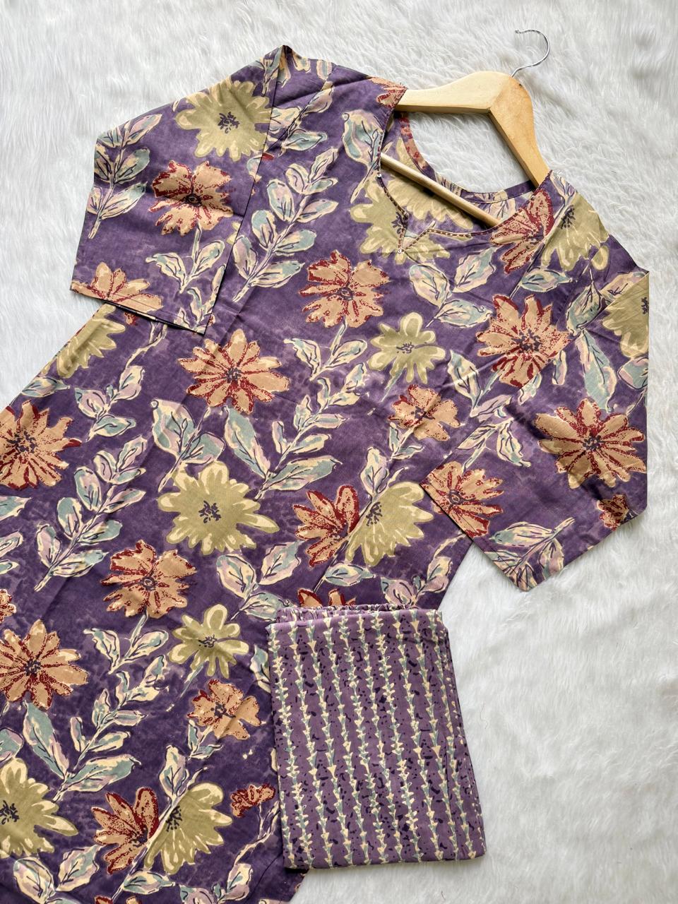 Purple Green Floral Printed Kurti Pant Set with Neckline Work
