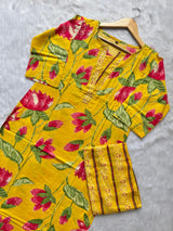Mustard Yellow Floral Printed Kurti Pant Set