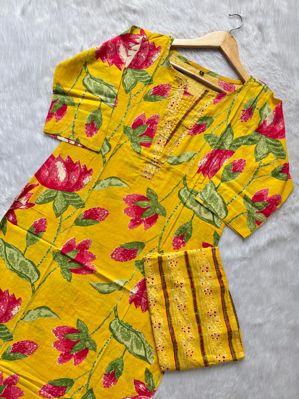 Mustard Yellow Floral Printed Kurti Pant Set