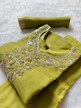 Pista Green Roman Silk Embroidered Kurti Pant Dupatta Set