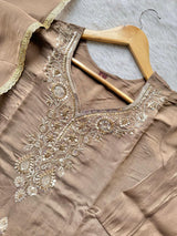Elegant Roman Silk Embroidered Kurti Pant & Dupatta Set – Taupe