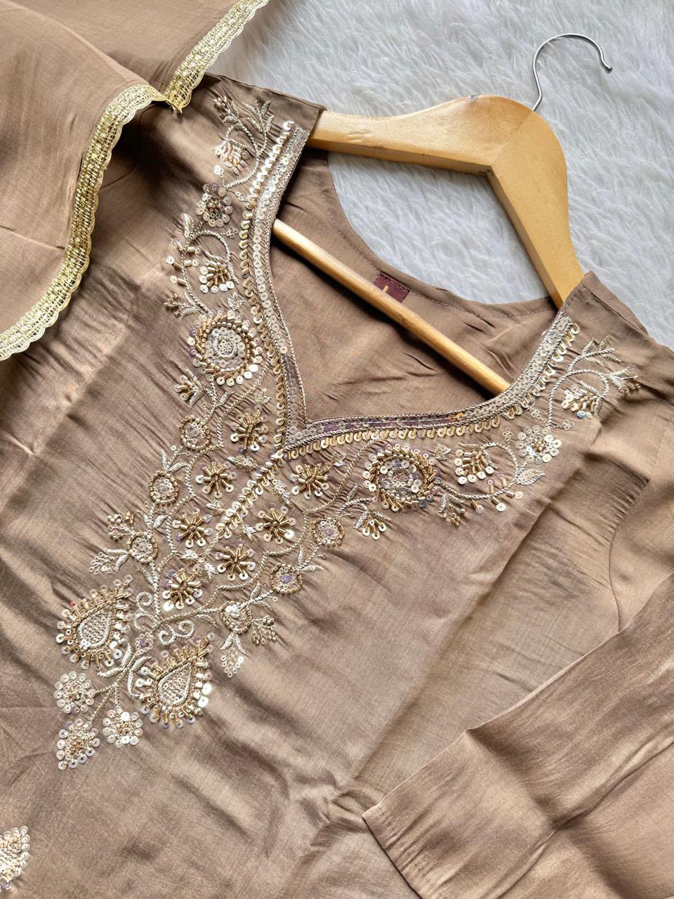 Elegant Roman Silk Embroidered Kurti Pant & Dupatta Set – Taupe