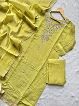 Pista Green Roman Silk Embroidered Kurti Pant Dupatta Set