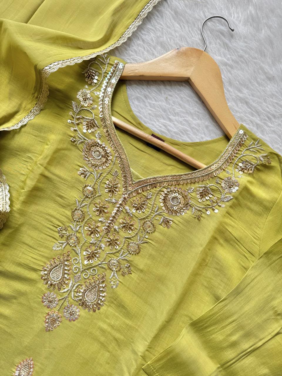 Pista Green Roman Silk Embroidered Kurti Pant Dupatta Set