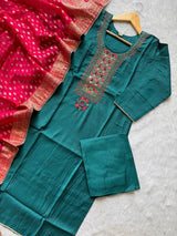 Premium Silk Teal Green Kurti Pant Dupatta Set with Mirror & Hand Embroidery