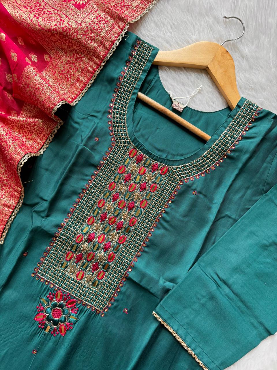 Premium Silk Teal Green Kurti Pant Dupatta Set with Mirror & Hand Embroidery