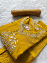 Mustard Roman Silk Embroidered Kurti Pant & Dupatta Set