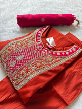 Orange Roman Silk Embroidered Kurti Pant & Dupatta Set