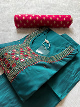 Premium Silk Teal Green Kurti Pant Dupatta Set with Mirror & Hand Embroidery