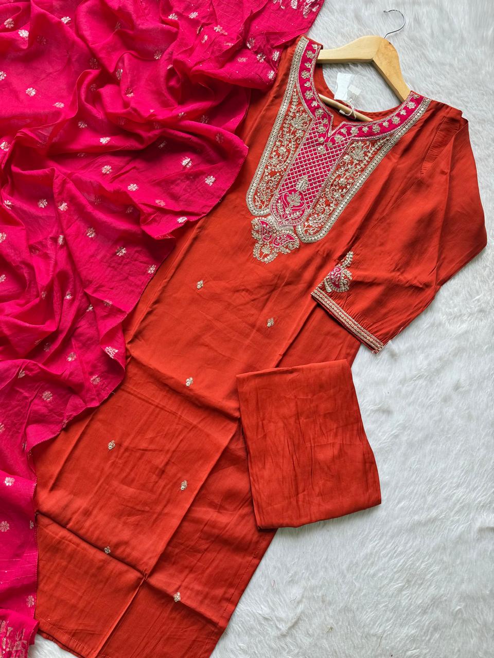 Orange Roman Silk Embroidered Kurti Pant & Dupatta Set
