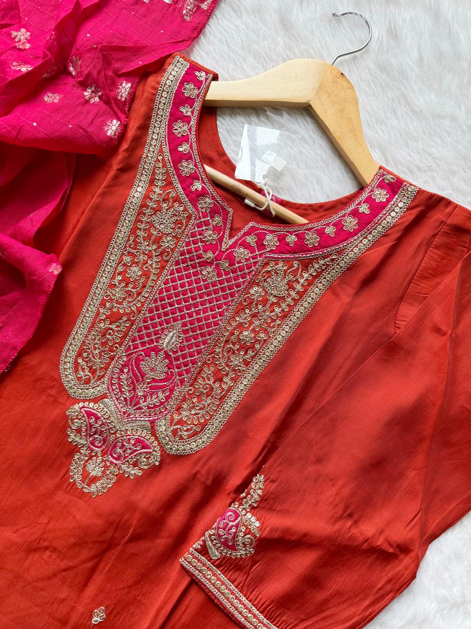 Orange Roman Silk Embroidered Kurti Pant & Dupatta Set