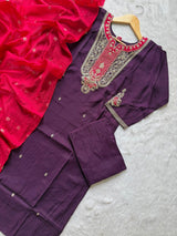 Purple Silk Embroidered Kurti Pant & Dupatta Set