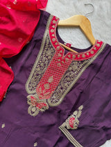 Purple Silk Embroidered Kurti Pant & Dupatta Set