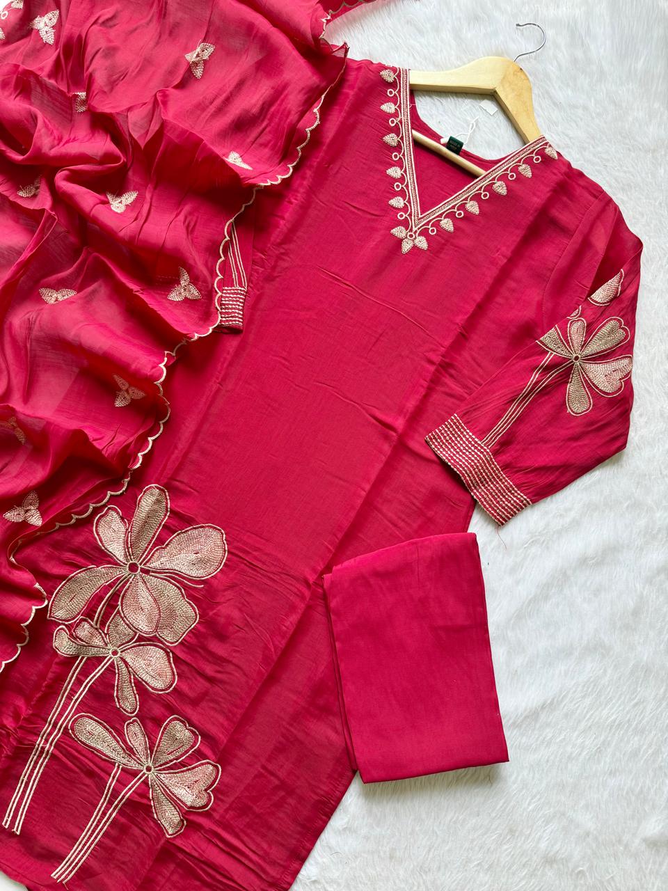 Chanderi Silk Embroidered Kurti Palazzo & Dupatta Set