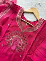 Rani Roman Silk Embroidered Kurti Pant Dupatta Set