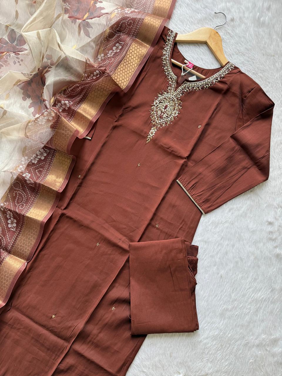 Premium Roman Silk Brown Embroidered Kurti Pant with Printed Dupatta Set