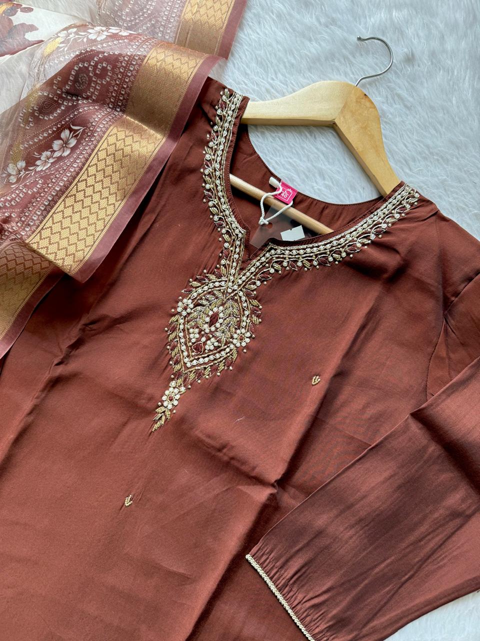 Premium Roman Silk Brown Embroidered Kurti Pant with Printed Dupatta Set