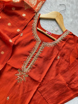 Orange Premium Silk Embroidered Kurti Pant & Dupatta Set