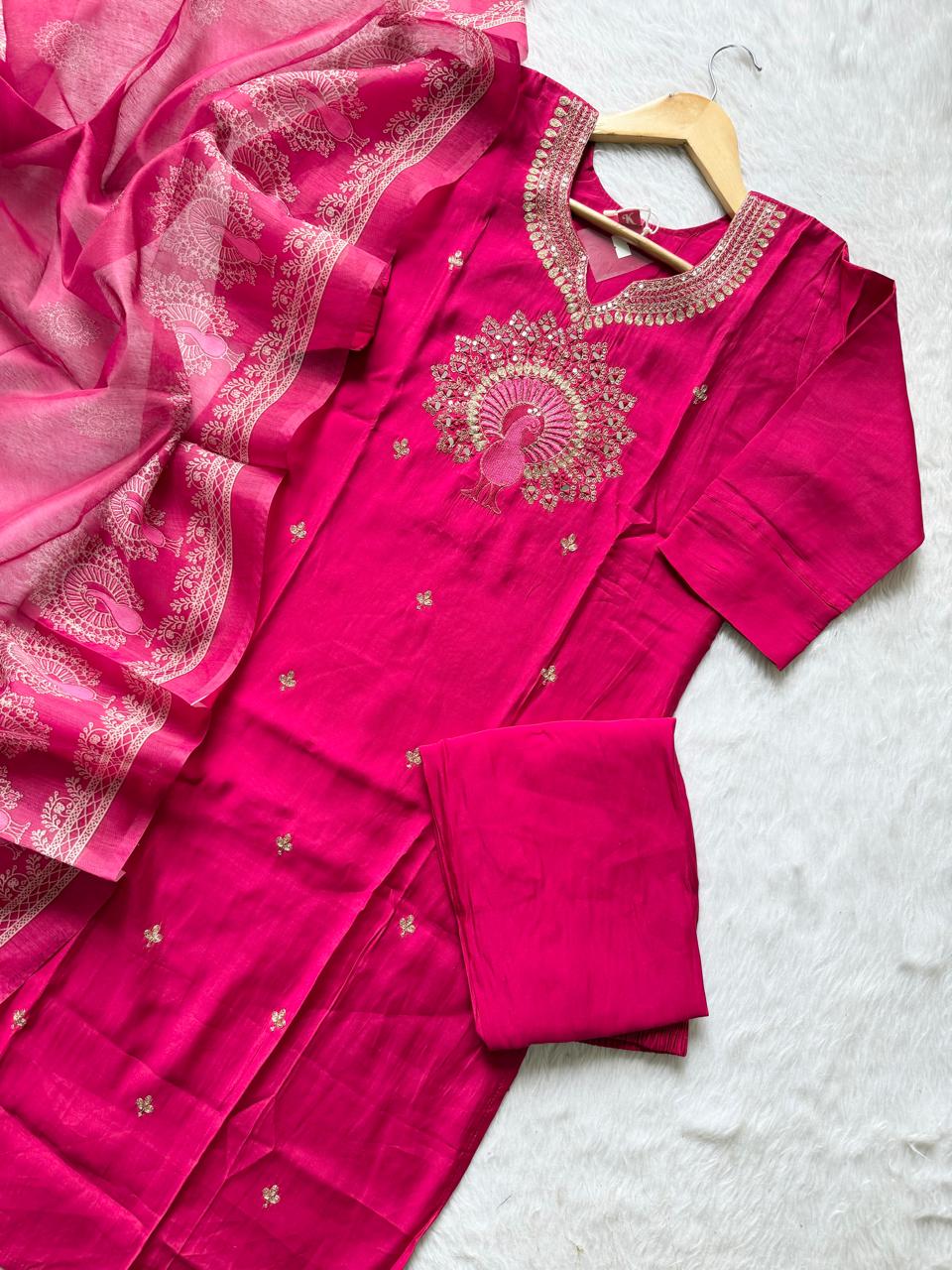 Rani Roman Silk Embroidered Kurti Pant Dupatta Set