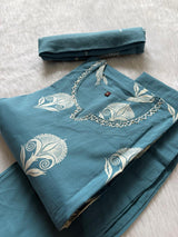 Cotton Teal Blue Printed Kurti Pant Dupatta Set
