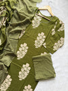 Olive Green Floral Print Cotton Kurti Pant & Dupatta Set