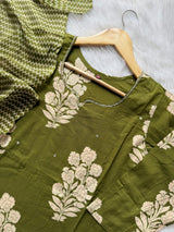 Olive Green Floral Print Cotton Kurti Pant & Dupatta Set