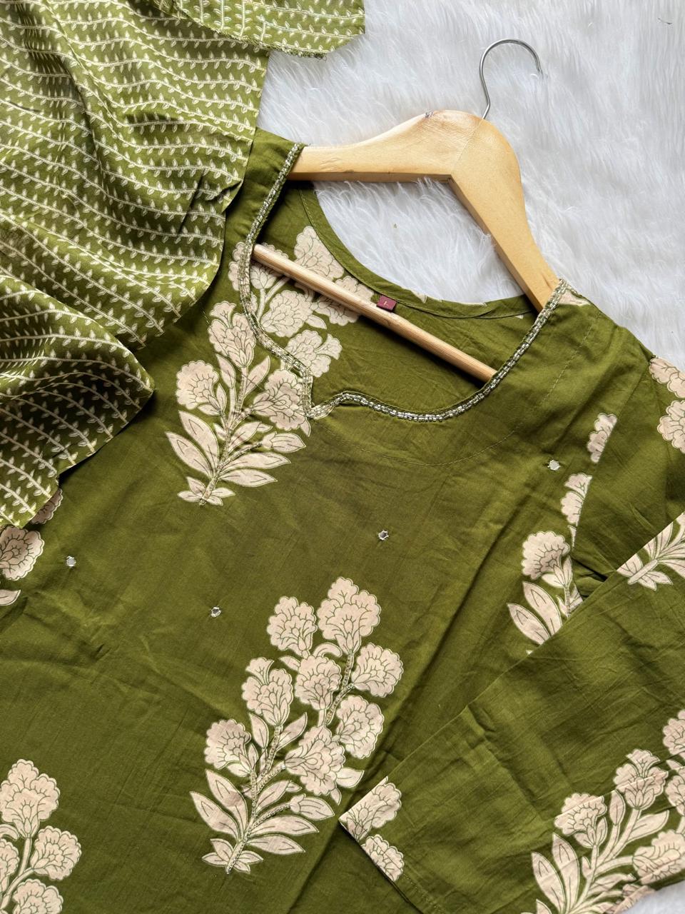 Olive Green Floral Print Cotton Kurti Pant & Dupatta Set