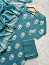 Cotton Teal Blue Printed Kurti Pant Dupatta Set