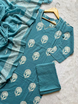 Cotton Teal Blue Printed Kurti Pant Dupatta Set