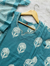 Cotton Teal Blue Printed Kurti Pant Dupatta Set
