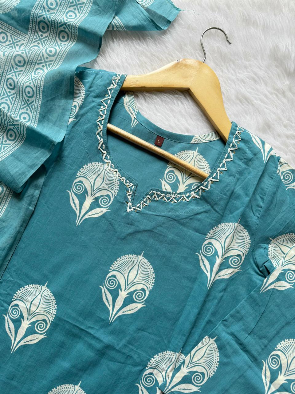 Cotton Teal Blue Printed Kurti Pant Dupatta Set