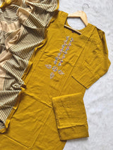 Dabu Cotton Mustard Appliqué Work Kurti Pant Dupatta Set