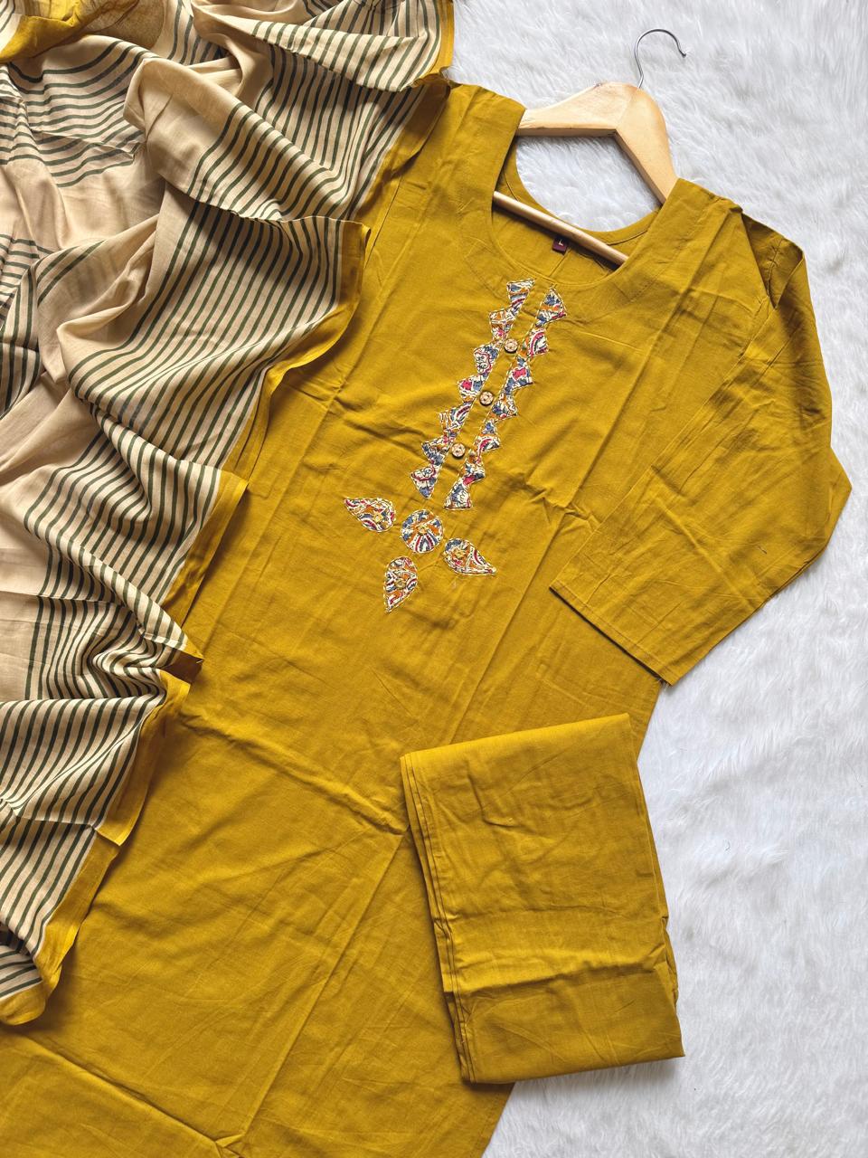 Dabu Cotton Mustard Appliqué Work Kurti Pant Dupatta Set