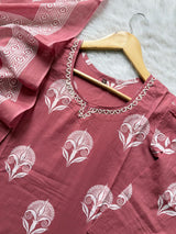 Cotton Dusty Rose Printed Kurti Pant Dupatta Set