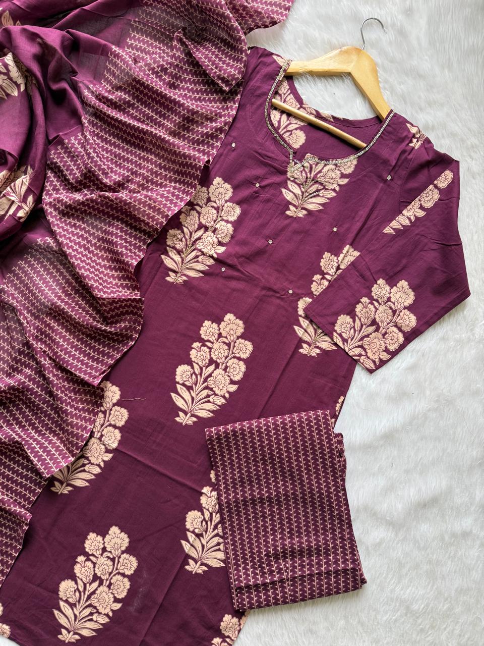 Wine Purple Floral Printed Cotton Kurti Pant Dupatta Set