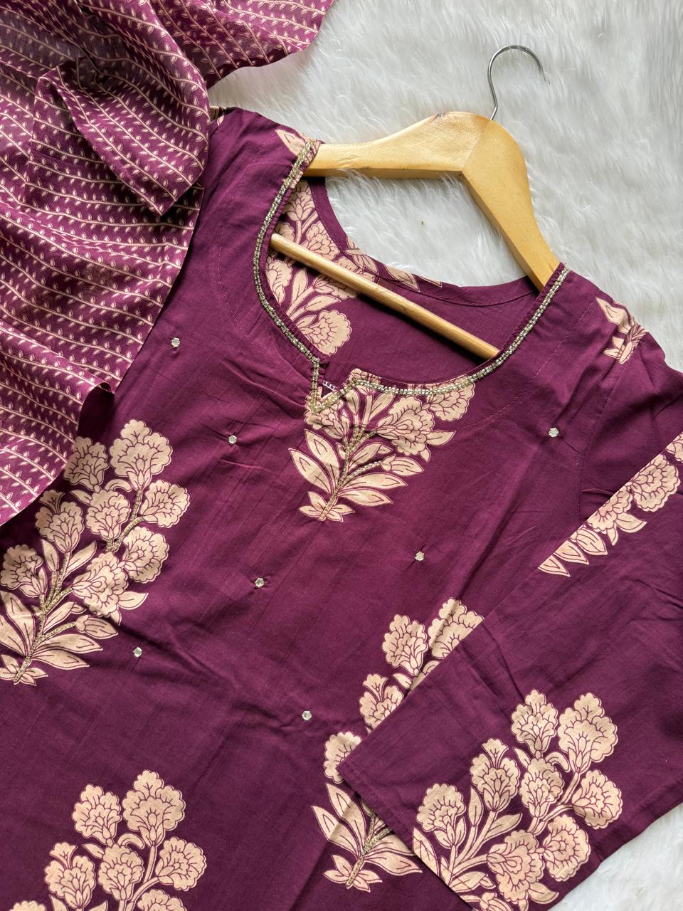 Wine Purple Floral Printed Cotton Kurti Pant Dupatta Set