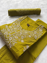 Mustard Yellow Dabhu Cotton Embroidered Kurti Pant Set with Block Printed Dupatta