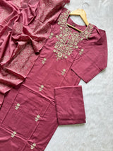 Dusty Rose Dabu Cotton Embroidered Kurti Pant & Block Printed Dupatta Set