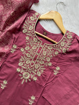 Dusty Rose Dabu Cotton Embroidered Kurti Pant & Block Printed Dupatta Set
