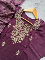 Dabu Cotton Embroidered Kurti Pant & Block Printed Dupatta Set