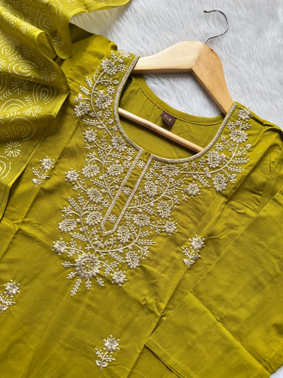 Mustard Yellow Dabhu Cotton Embroidered Kurti Pant Set with Block Printed Dupatta