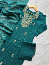 Teal Green Dabu Cotton Embroidered Kurti Pant & Block Printed Dupatta Set