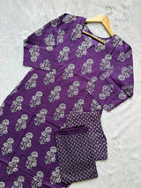 Cotton Purple Printed Kurti Pant & Dupatta Set