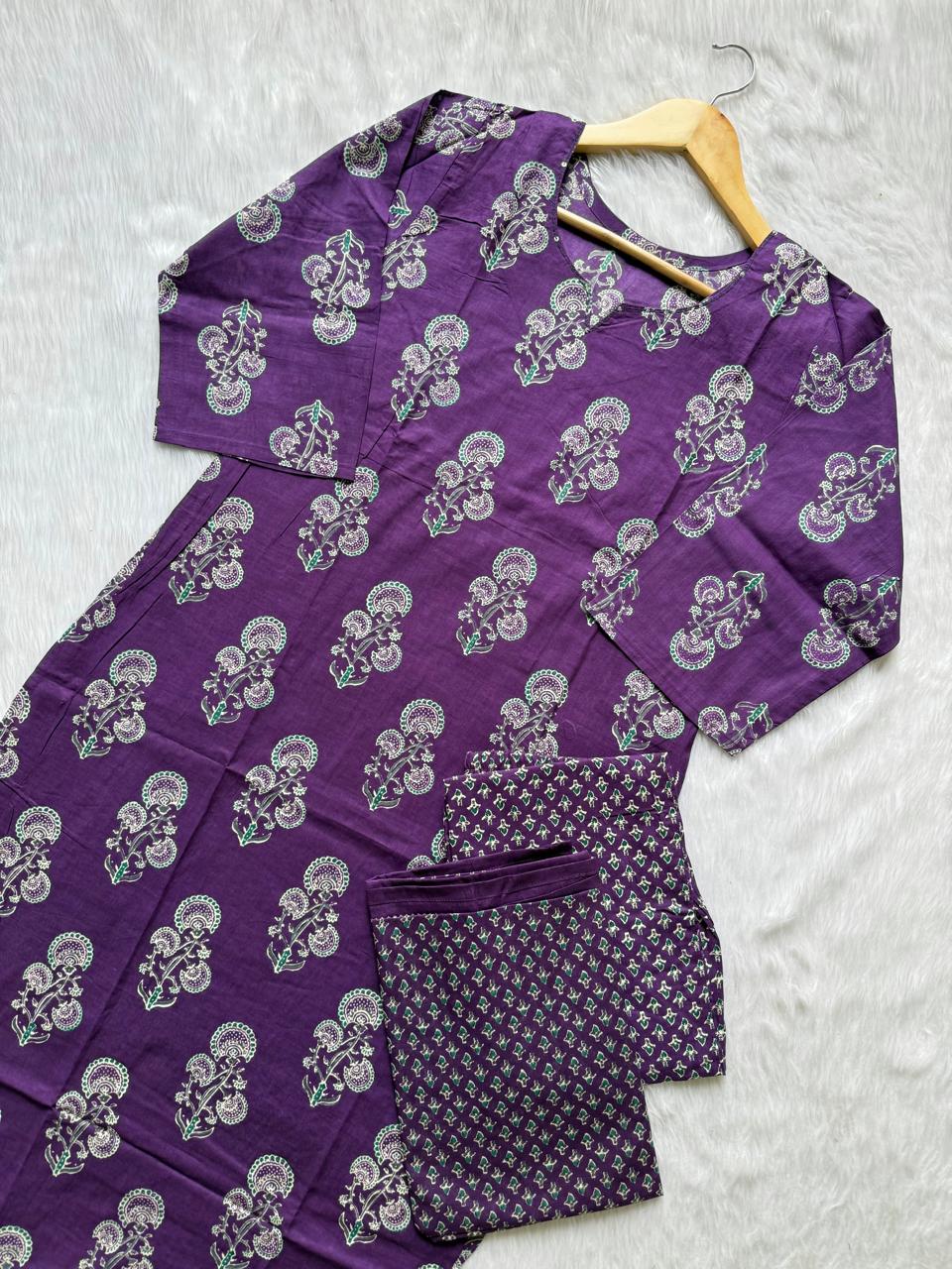 Cotton Purple Printed Kurti Pant & Dupatta Set