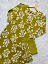 Olive Green Floral Print Cotton Kurta Set with Pants and Matching Dupatta
