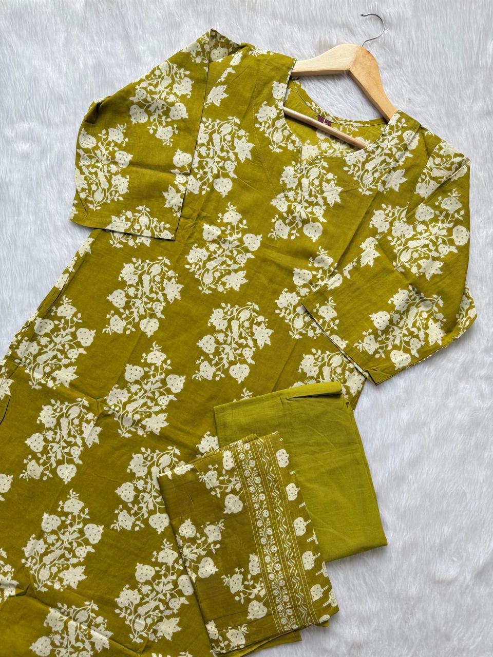 Olive Green Floral Print Cotton Kurta Set with Pants and Matching Dupatta