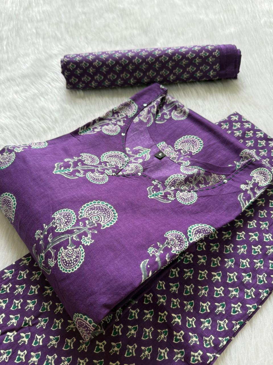 Cotton Purple Printed Kurti Pant & Dupatta Set