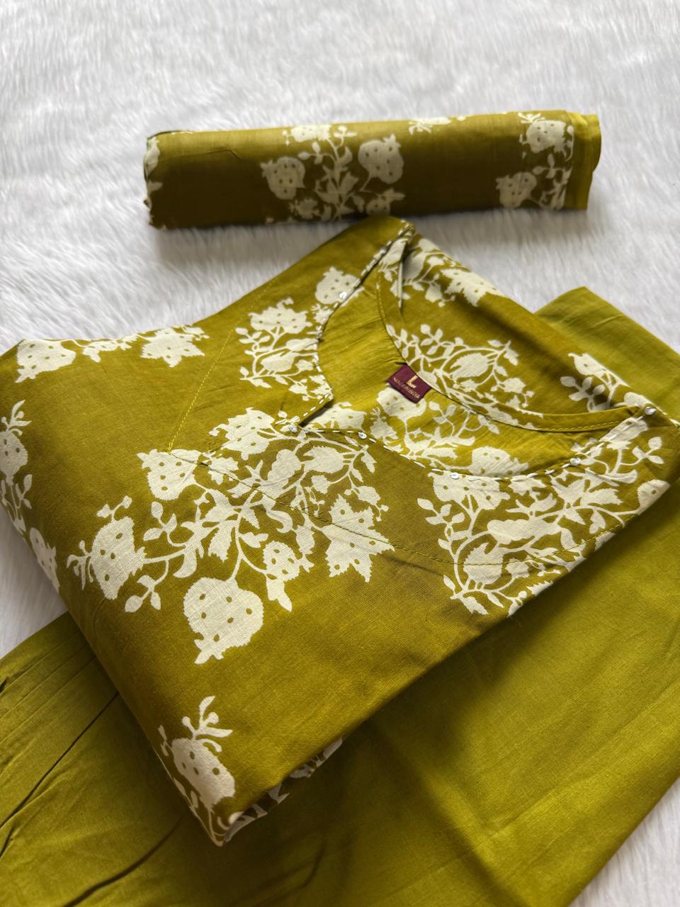 Olive Green Floral Print Cotton Kurta Set with Pants and Matching Dupatta