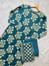 Teal BlueFloral Print Cotton Kurta Set with Pants and Matching Dupatta